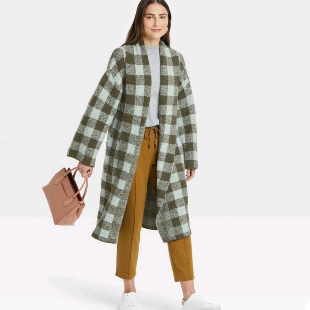 Long open front plaid cardigan